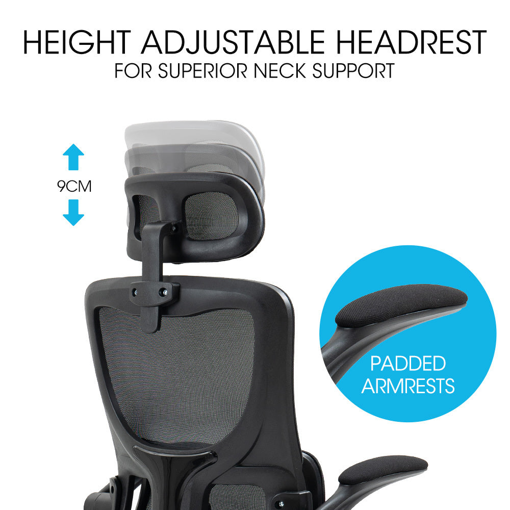 FORTIA Ergonomic Office Chair – Mesh Fabric, Retractable Armrests, Black