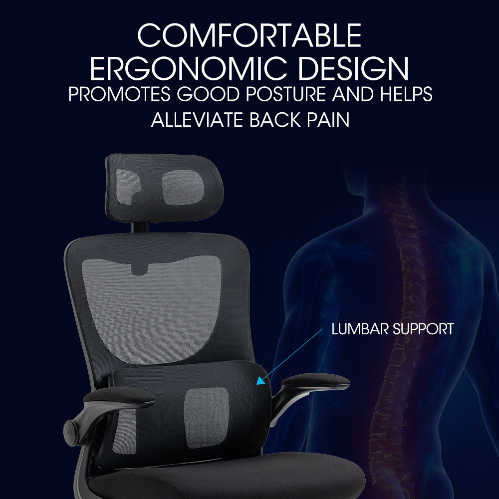 FORTIA Ergonomic Office Chair – Mesh Fabric, Retractable Armrests, Black