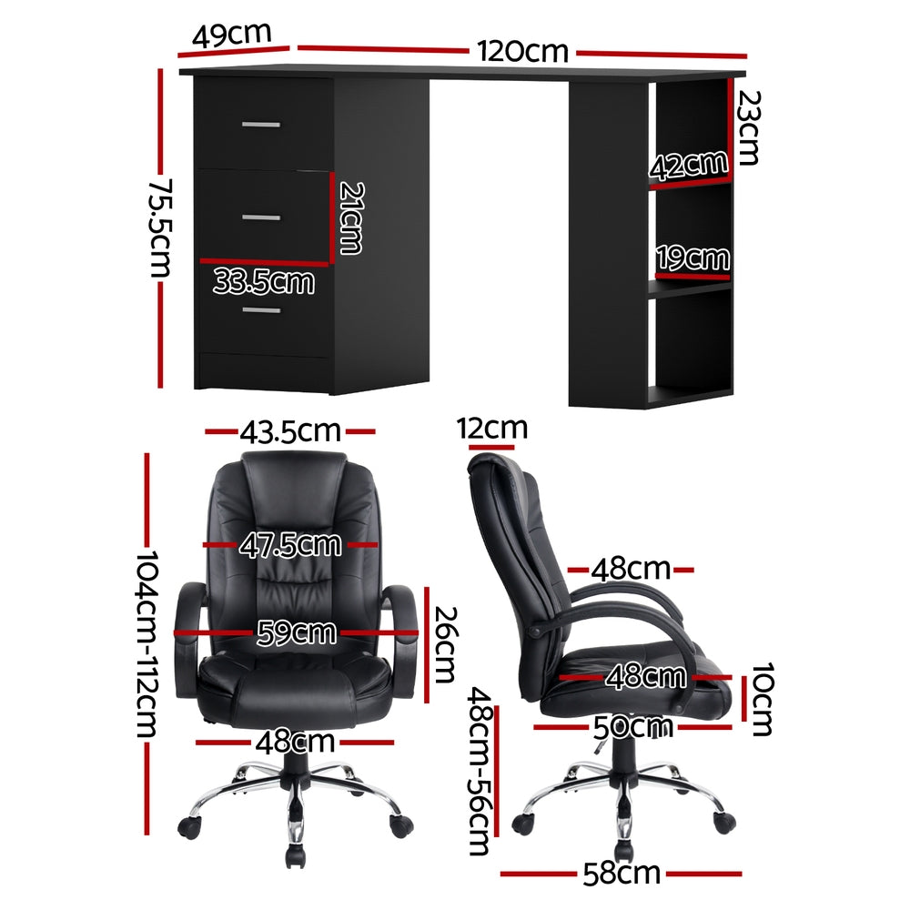 Artiss 120cm Desk & Executive Chair Set – Black PU Leather, High Back