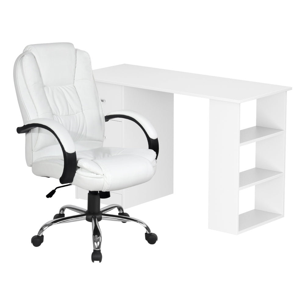 Artiss 120cm Executive Desk & High Back Chair Set – White PU Leather