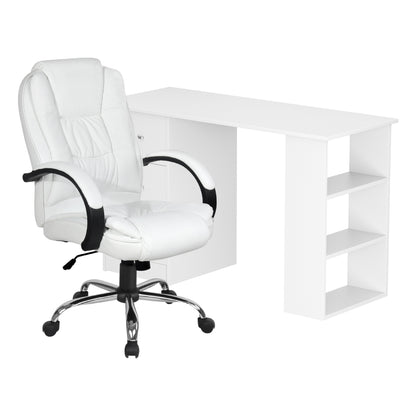 Artiss 120cm Executive Desk & High Back Chair Set – White PU Leather