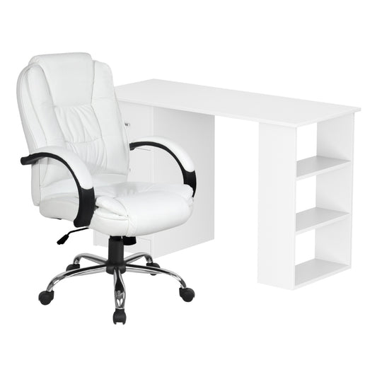 Artiss 120cm Executive Desk & High Back Chair Set – White PU Leather