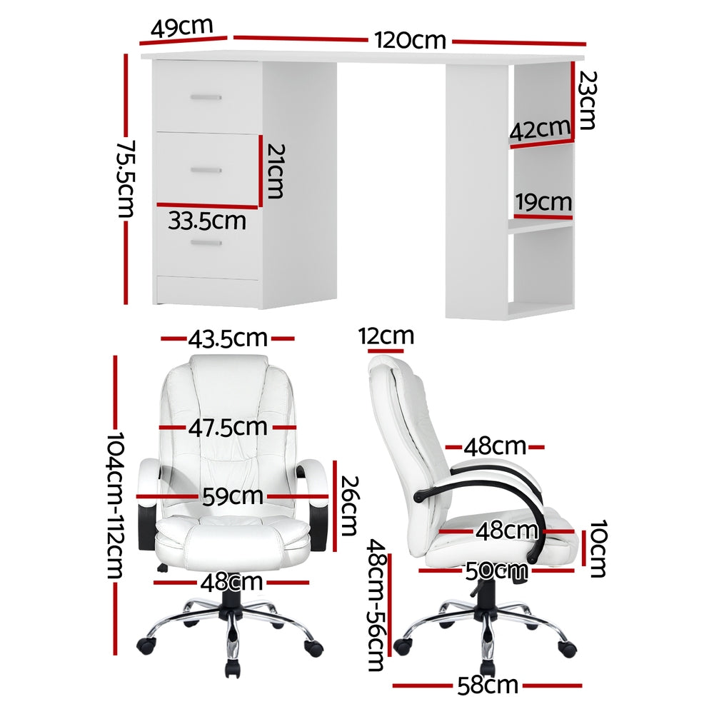 Artiss 120cm Executive Desk & High Back Chair Set – White PU Leather