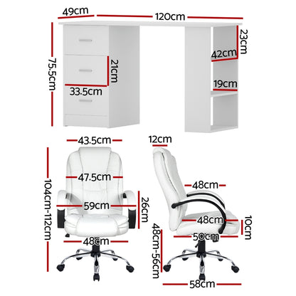 Artiss 120cm Executive Desk & High Back Chair Set – White PU Leather