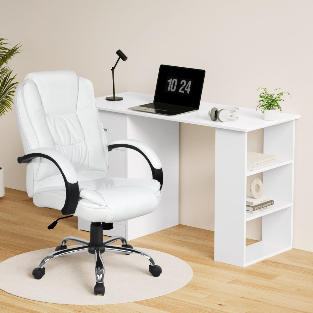 Artiss 120cm Executive Desk & High Back Chair Set – White PU Leather