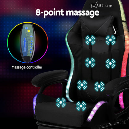 Artiss Gaming Office Chair 12 RGB LED Massage Computer Work Seat Footrest Black