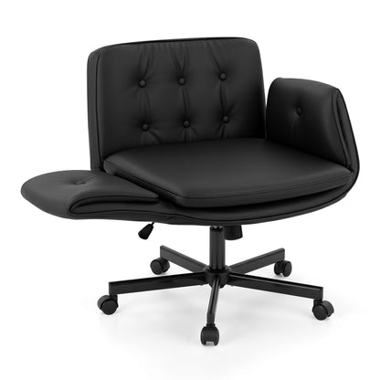 Artiss Criss Cross Chair with Wheels & Adjustable Armrests – Ergonomic Cross Legged Office Desk Chair, Wide Cushion PU Leather Vanity & Computer Chair (Black)