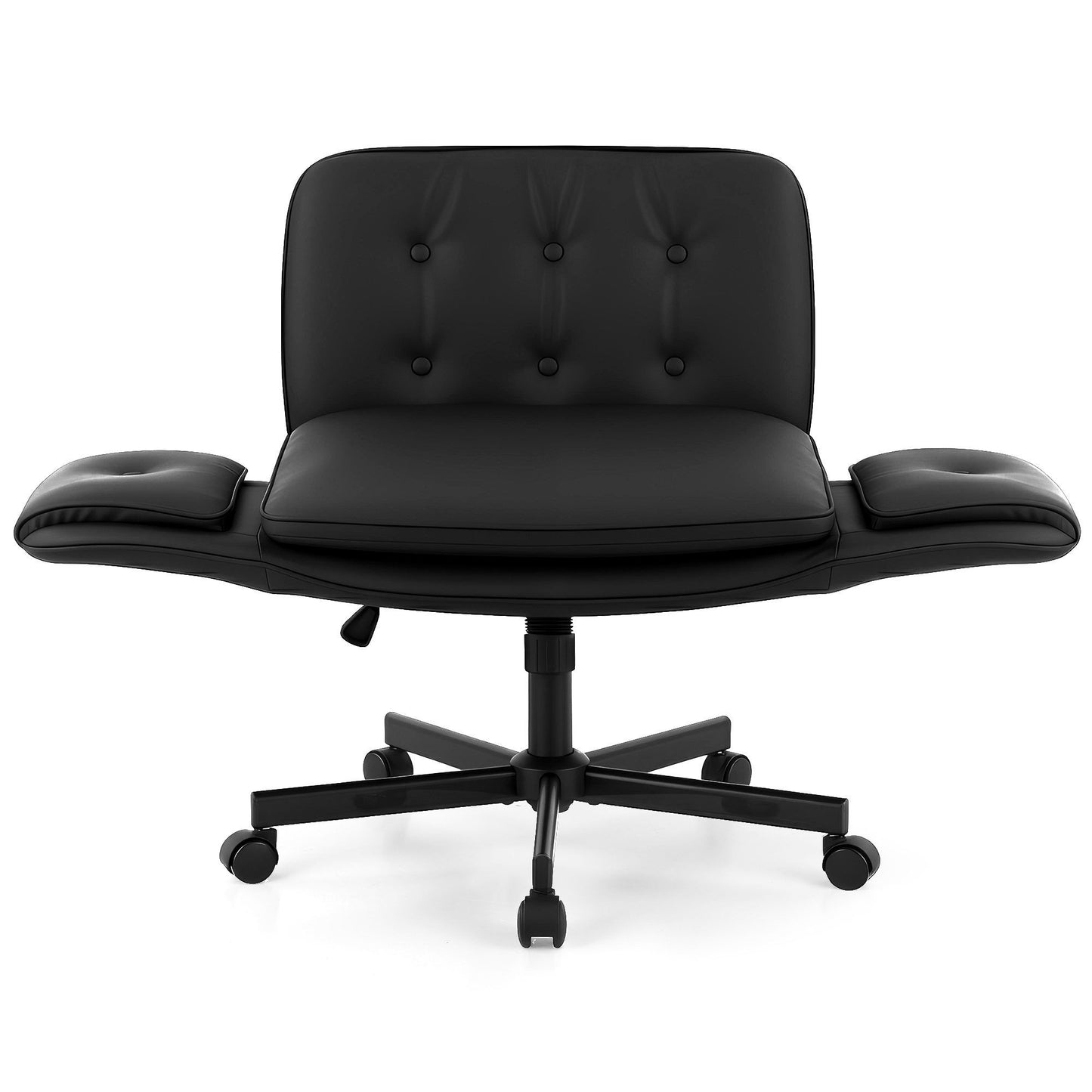 Artiss Criss Cross Chair with Wheels & Adjustable Armrests – Ergonomic Cross Legged Office Desk Chair, Wide Cushion PU Leather Vanity & Computer Chair (Black)