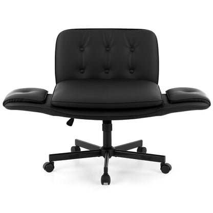 Artiss Criss Cross Chair with Wheels & Adjustable Armrests – Ergonomic Cross Legged Office Desk Chair, Wide Cushion PU Leather Vanity & Computer Chair (Black)
