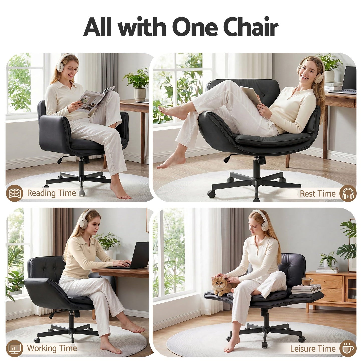Artiss Criss Cross Chair with Wheels & Adjustable Armrests – Ergonomic Cross Legged Office Desk Chair, Wide Cushion PU Leather Vanity & Computer Chair (Black)