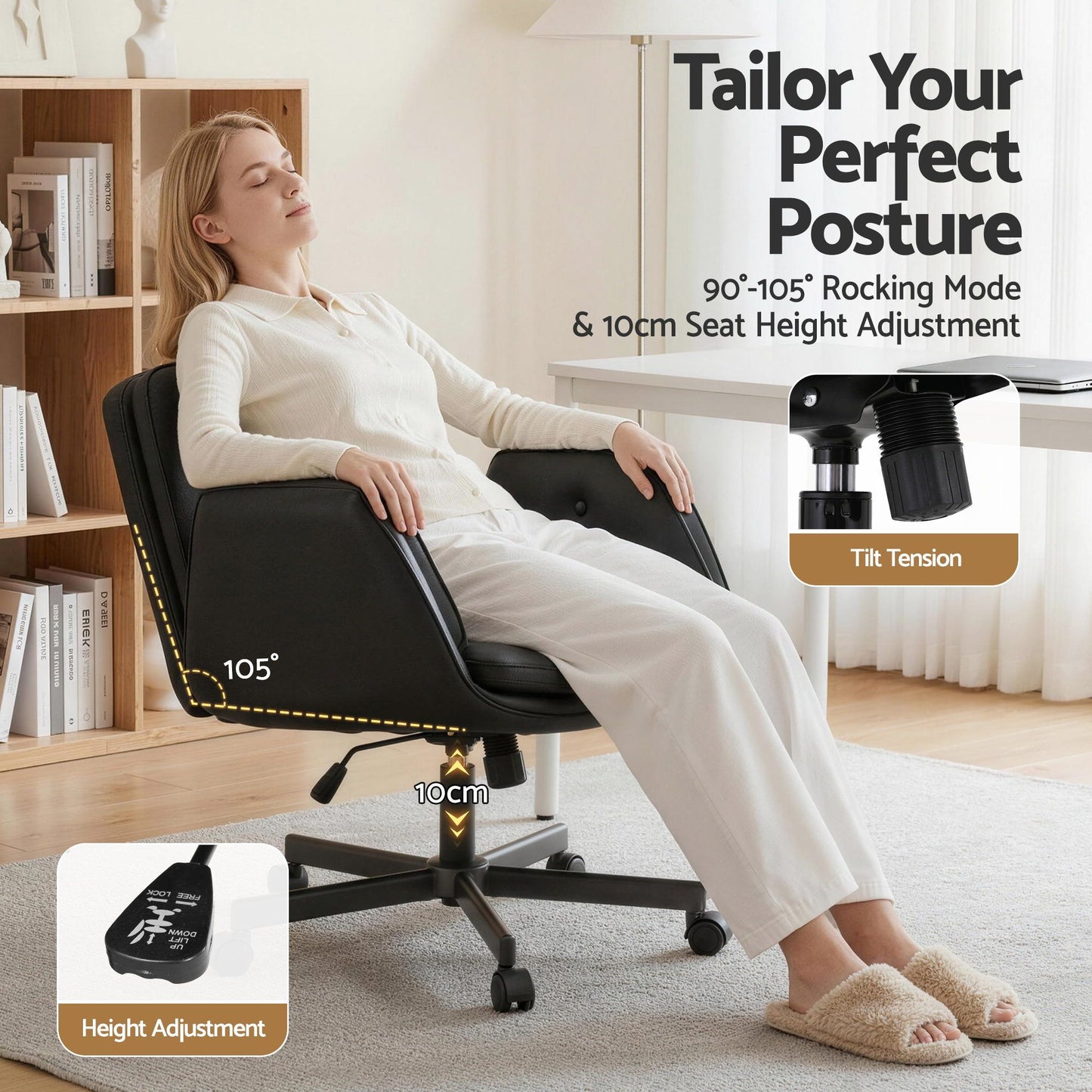 Artiss Criss Cross Chair with Wheels & Adjustable Armrests – Ergonomic Cross Legged Office Desk Chair, Wide Cushion PU Leather Vanity & Computer Chair (Black)