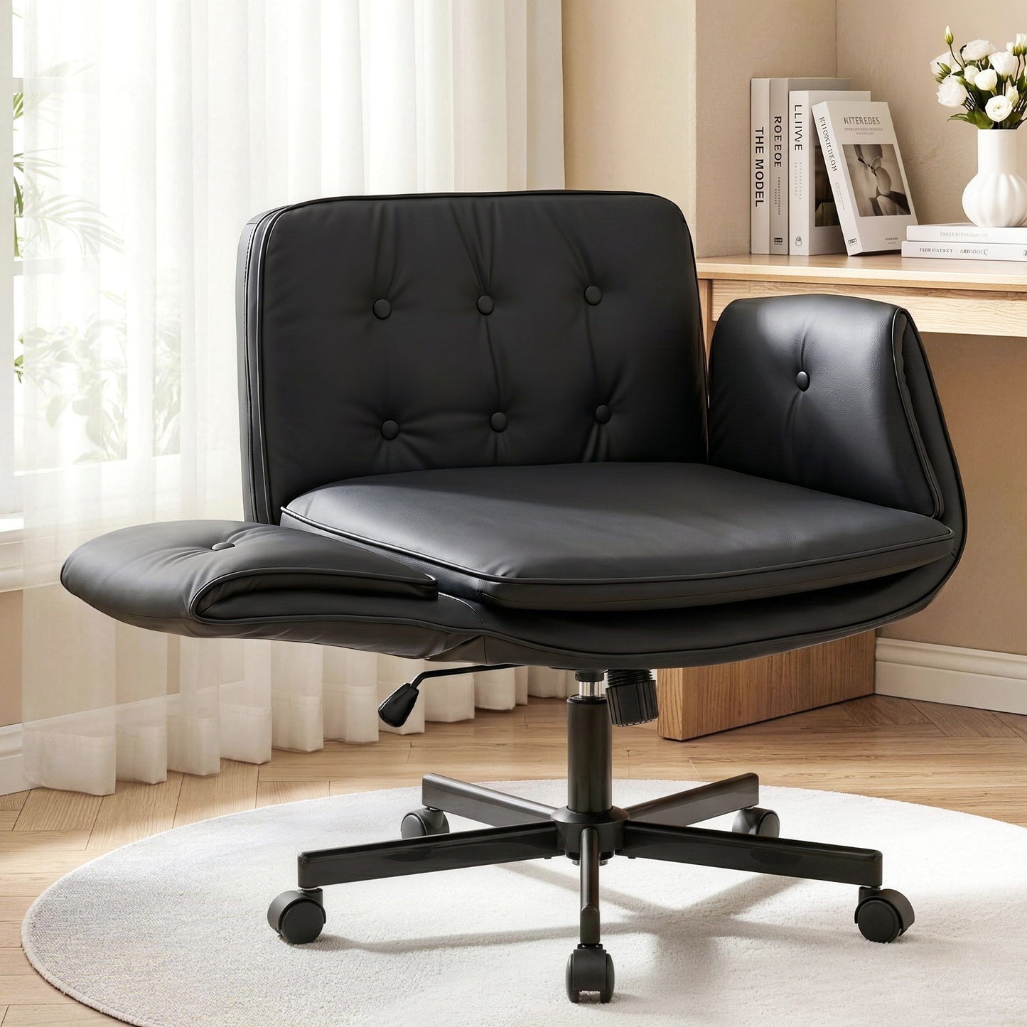 Artiss Criss Cross Chair with Wheels & Adjustable Armrests – Ergonomic Cross Legged Office Desk Chair, Wide Cushion PU Leather Vanity & Computer Chair (Black)