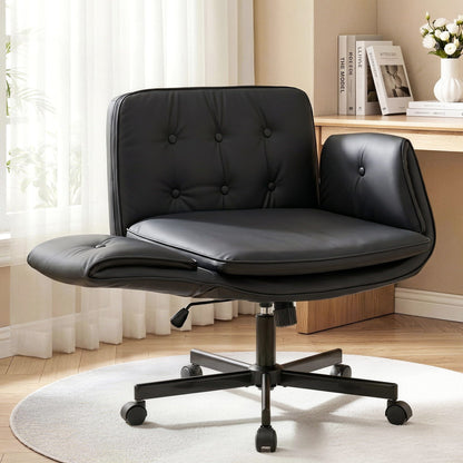 Artiss Criss Cross Chair with Wheels & Adjustable Armrests – Ergonomic Cross Legged Office Desk Chair, Wide Cushion PU Leather Vanity & Computer Chair (Black)