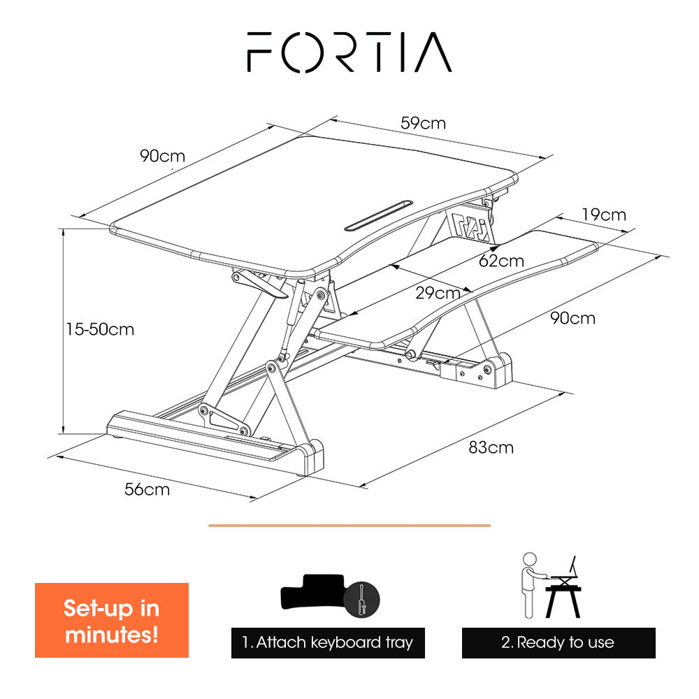 FORTIA 90cm Adjustable Desk Riser – Sit to Stand for Dual Monitors