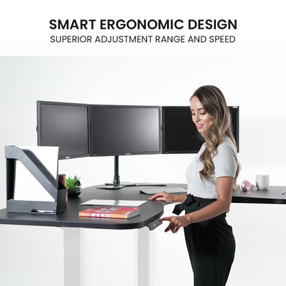 FORTIA 3-Motor Corner Standing Desk – 173cm, Black/White Frame