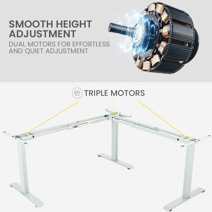 FORTIA 3-Motor Corner Standing Desk – 173cm, Black/White Frame