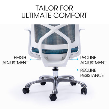 FORTIA Ergonomic Office Chair – Coolmesh Fabric, Adjustable Recline, Blue/White